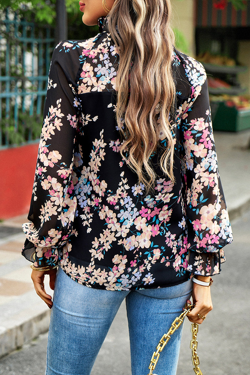 Floral Half Turtleneck Long Sleeve Shirt