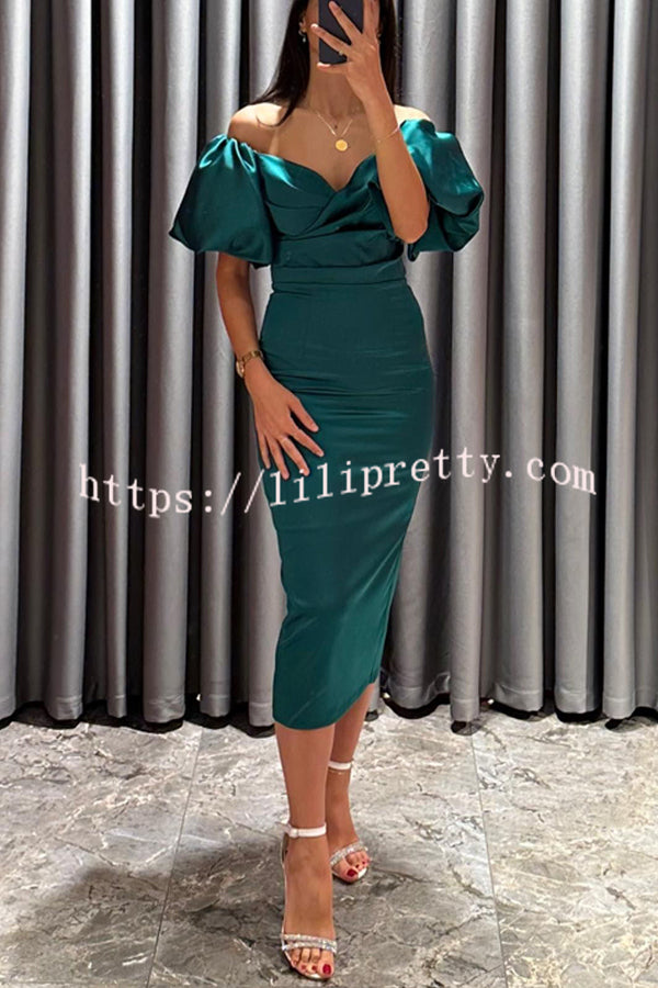 Talk Sweetly Satin Puff Sleeve Ruched Bust Formal Midi Dress - Fashionpara