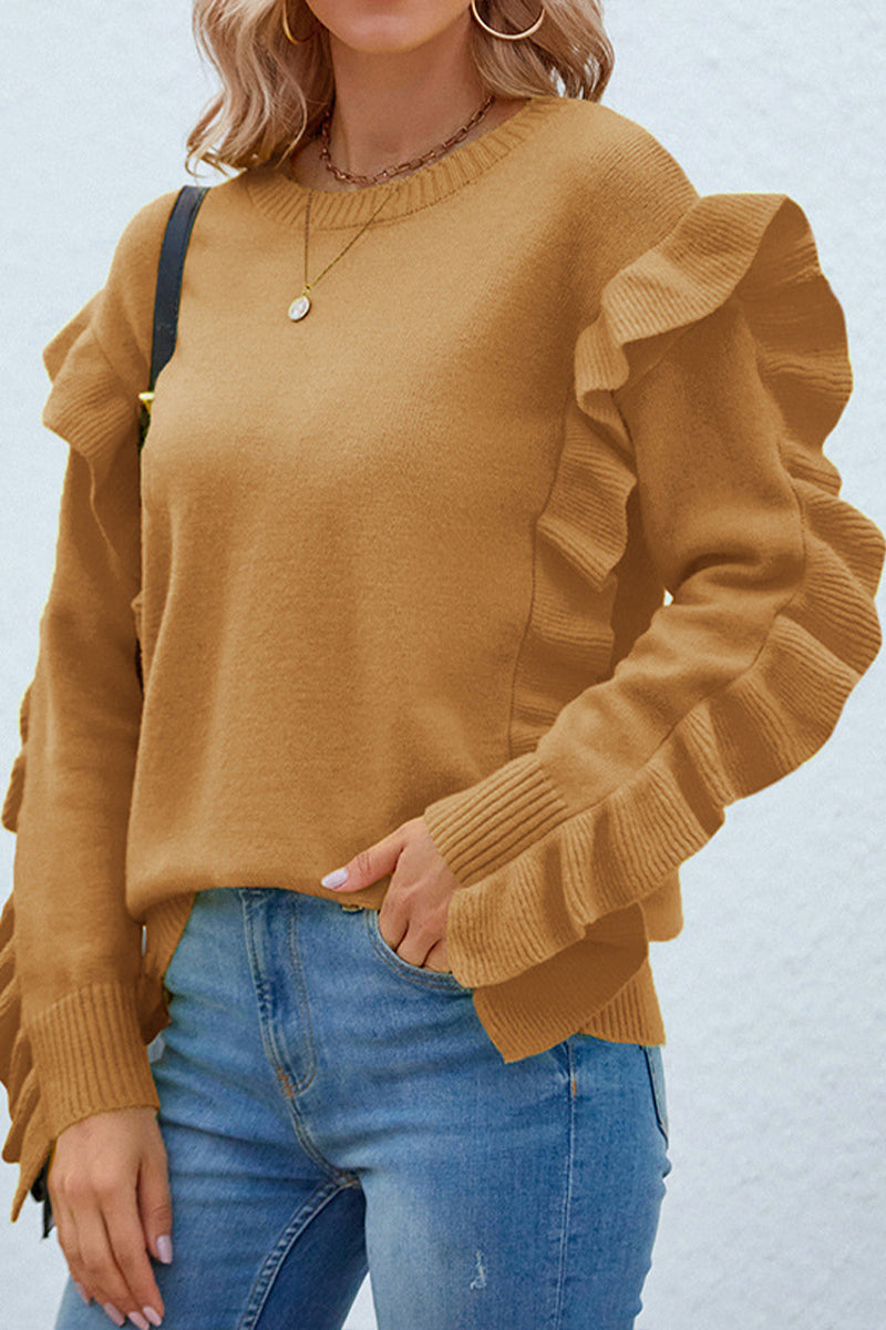 Petal Sleeve Solid Round Neck Pullover Sweater