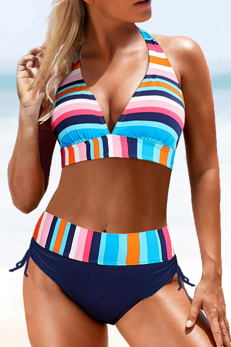 Striped V Neck Halter lace-up Swimsuit