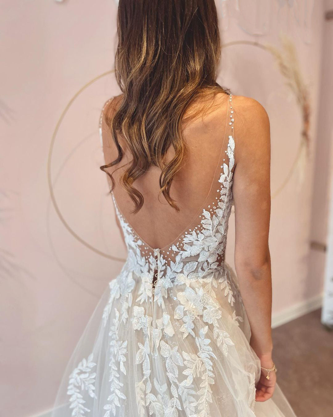 A-Line Deep V-neck Backless Bridal Gown With Lace Appliques and Tulle