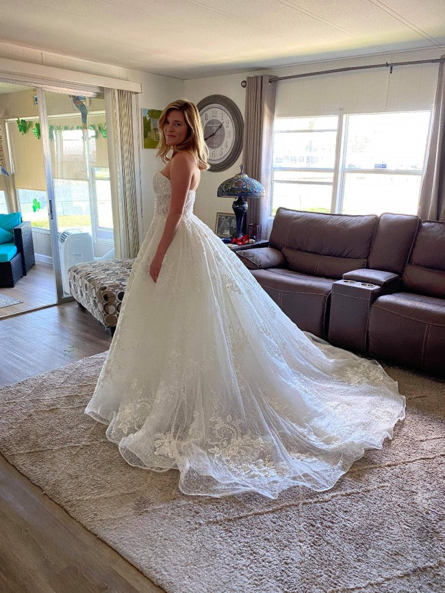 A-Line Off-the-Shoulder Lace Bridal Gown with Beaded Appliques