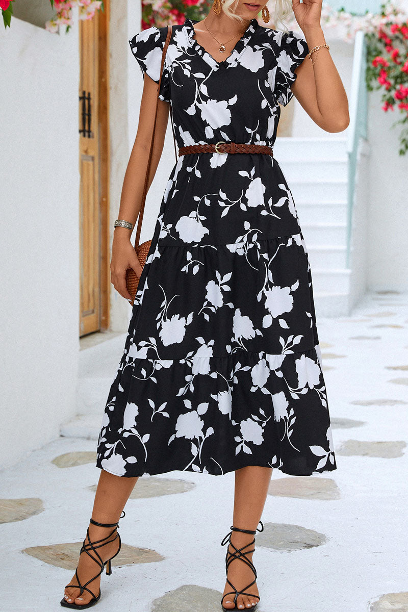 Floral V Neck Beach Ruffle Sleeve Midi Dress