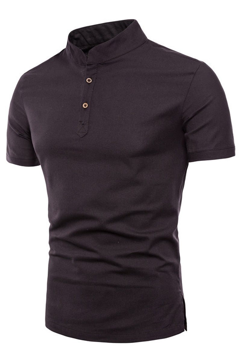 Men's Stand Collar Short Sleeve Cotton Linen Shirt