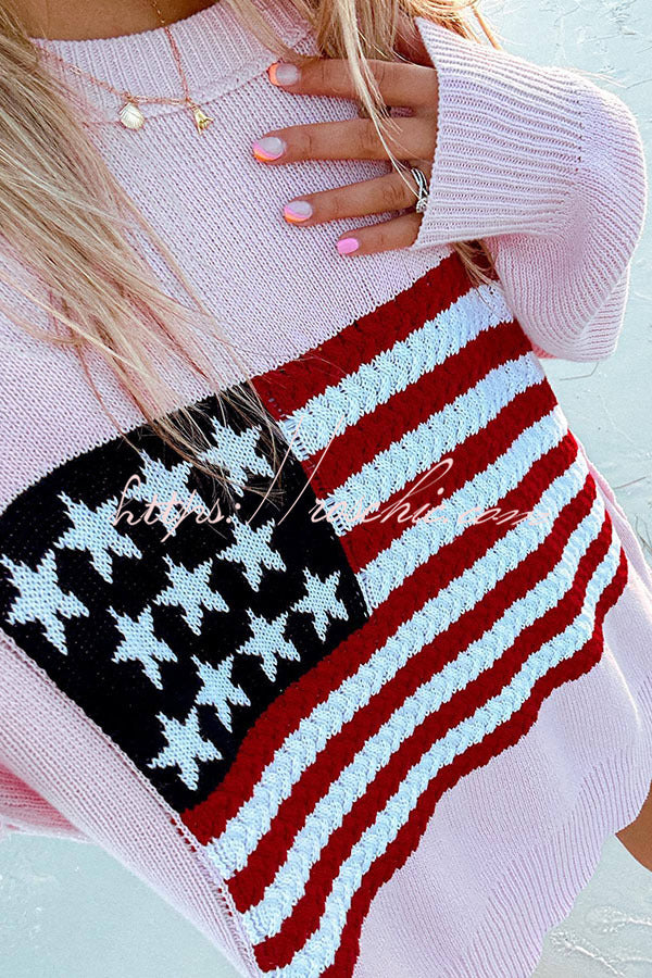 Independence Day Patchwork Long Sleeved Crew Neck Knitted Sweater