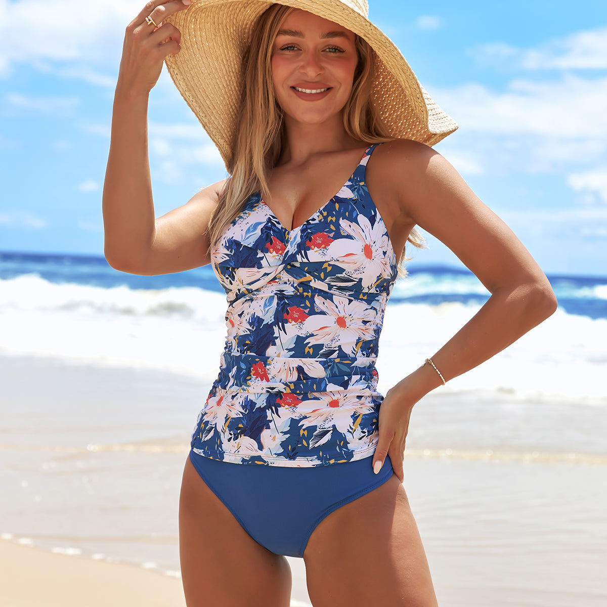 Cute Flower Printed V Neck Tankini Set