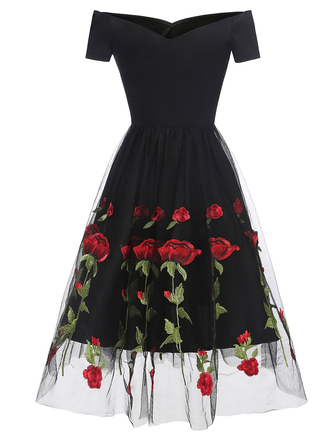 A-Line Cocktail Dresses Party Dress Holiday Knee Length Short Sleeve Off Shoulder Organza with Embroidery Appliques