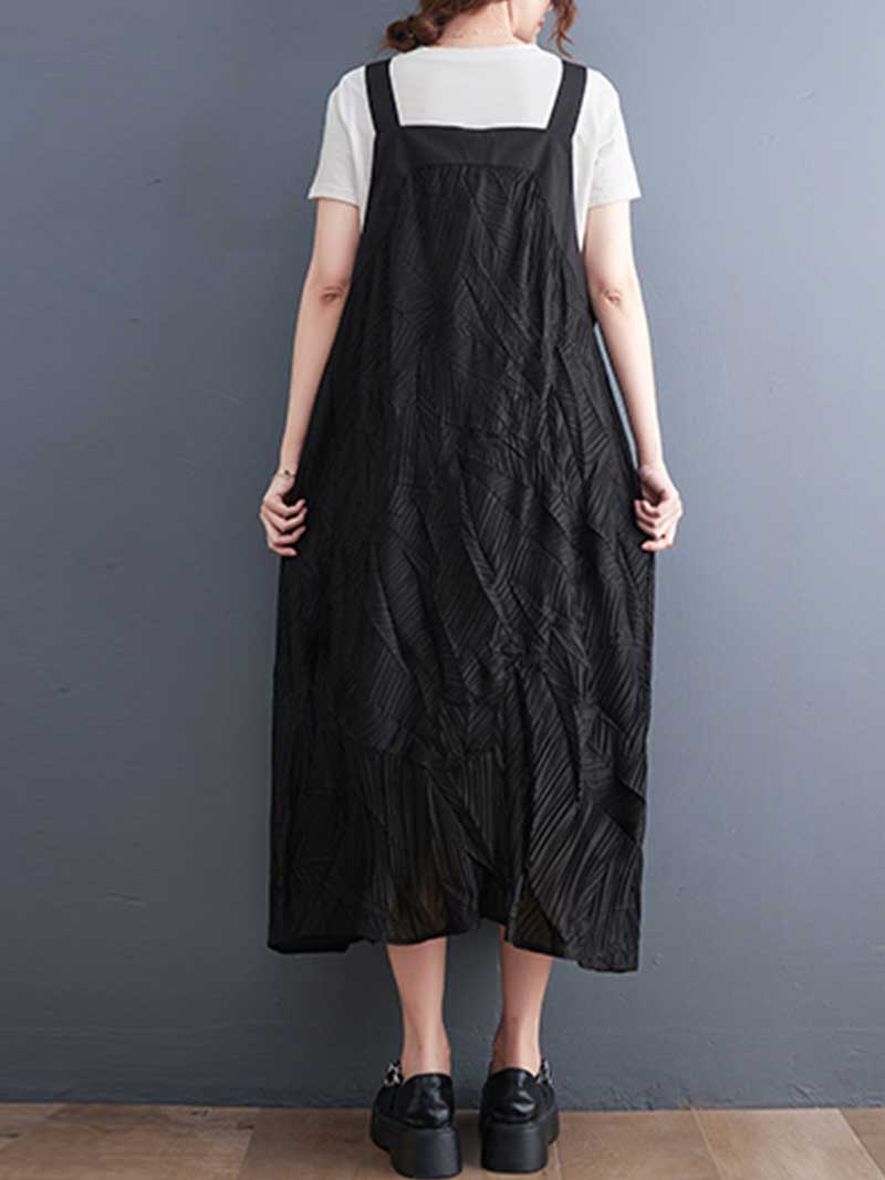 Pleated Cotton Black Color  Salopette Dress - Fashionpara