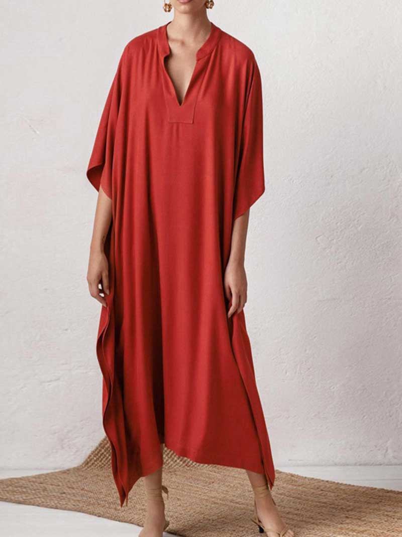 Plain Polyester Long Sleeves Kaftan Dress - Fashionpara