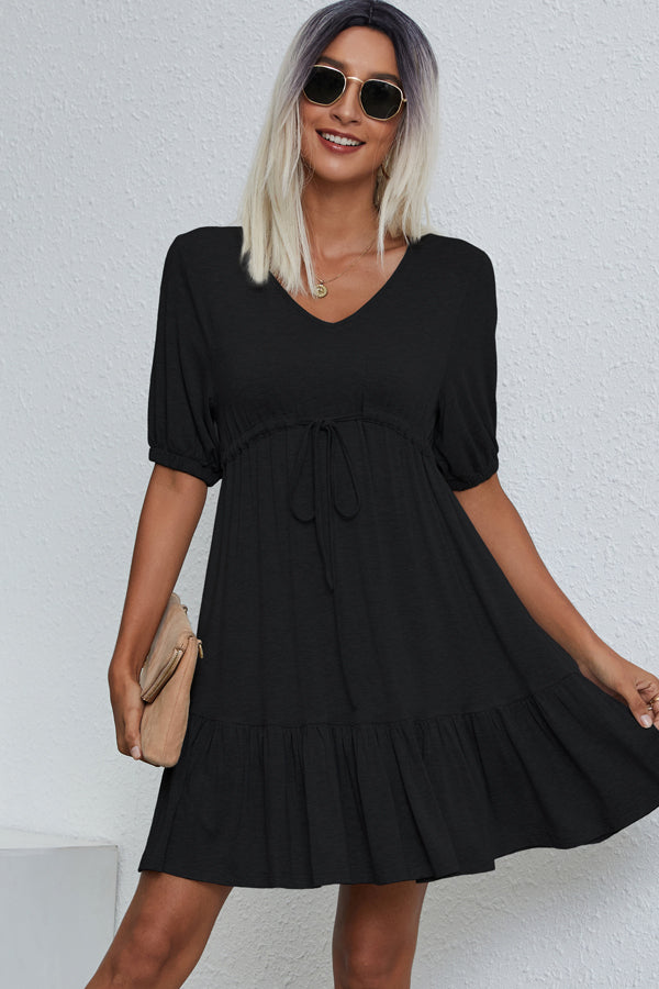 V Neck Drawstring Waist Solid Casual Mini Dress