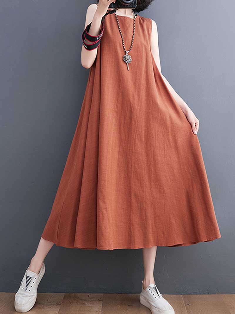 Plain Cotton Round Neck Sleeveless Midi Dress - Fashionpara