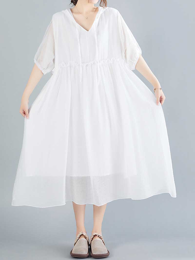 Plain Cotton Short Sleeves Hooded Style A-Line Dress - Fashionpara