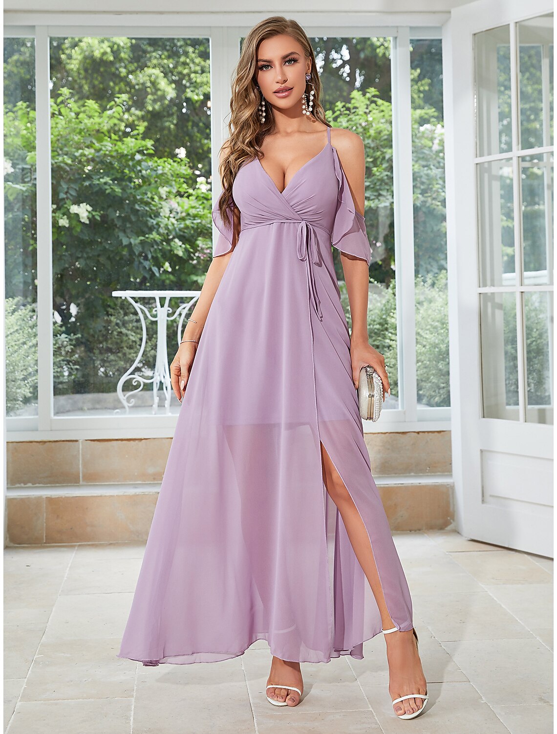 A-Line Wedding Guest Dresses Elegant Dress Party Wear Ankle Length Sleeveless V Neck Chiffon with Ruffles Slit Strappy