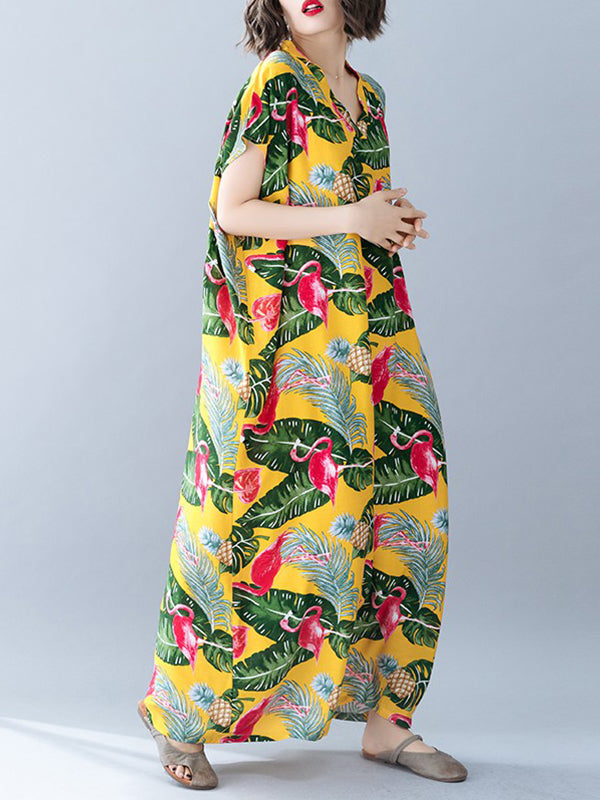 Palm Leaves & Flamingo Plus Size Kaftan Dress - Fashionpara