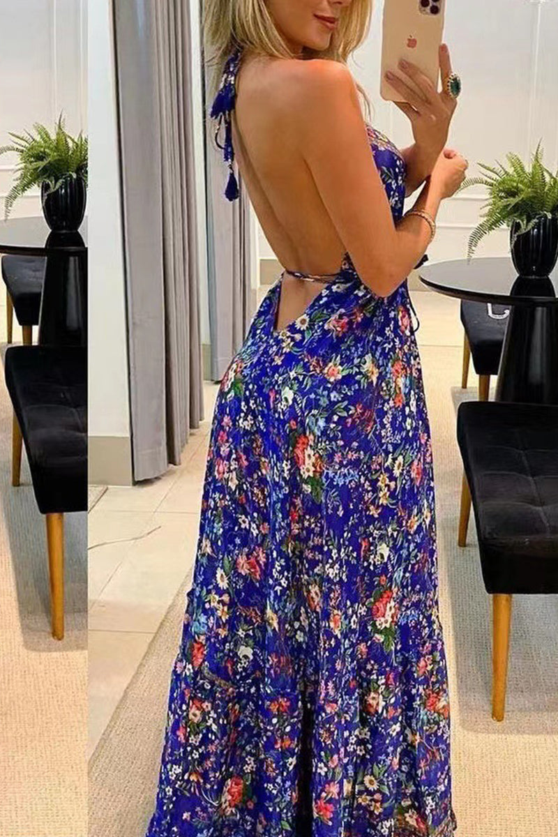 Printed Backless Vacation Maxi Dress