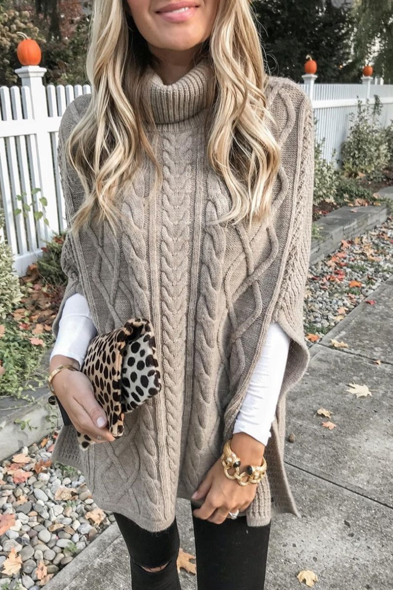 Turtleneck Loose Khaki Poncho Sweater (4 Colors)