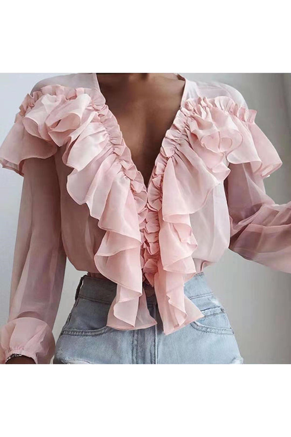 Spliced ruffled V Neck Pleated Long Sleeved Top