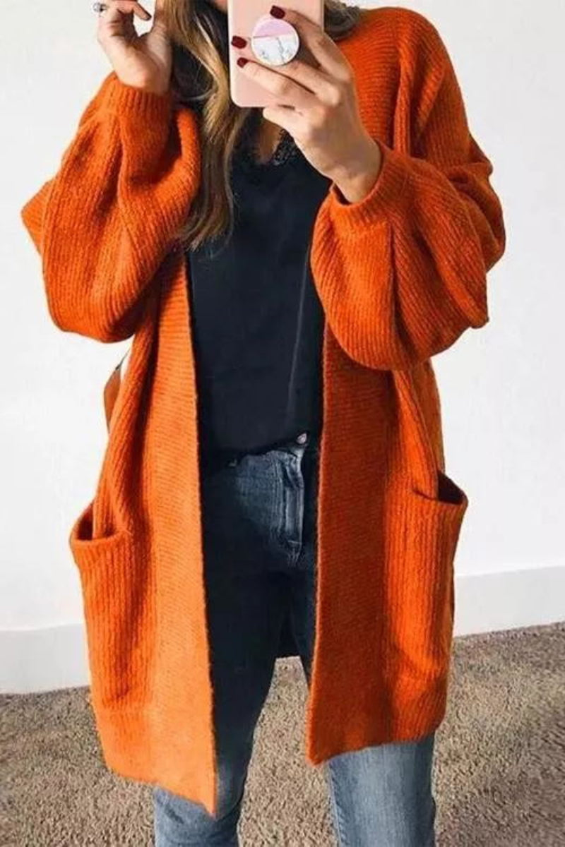 Pumpkin Color Lantern Sleeve Long Knitted Cardigan