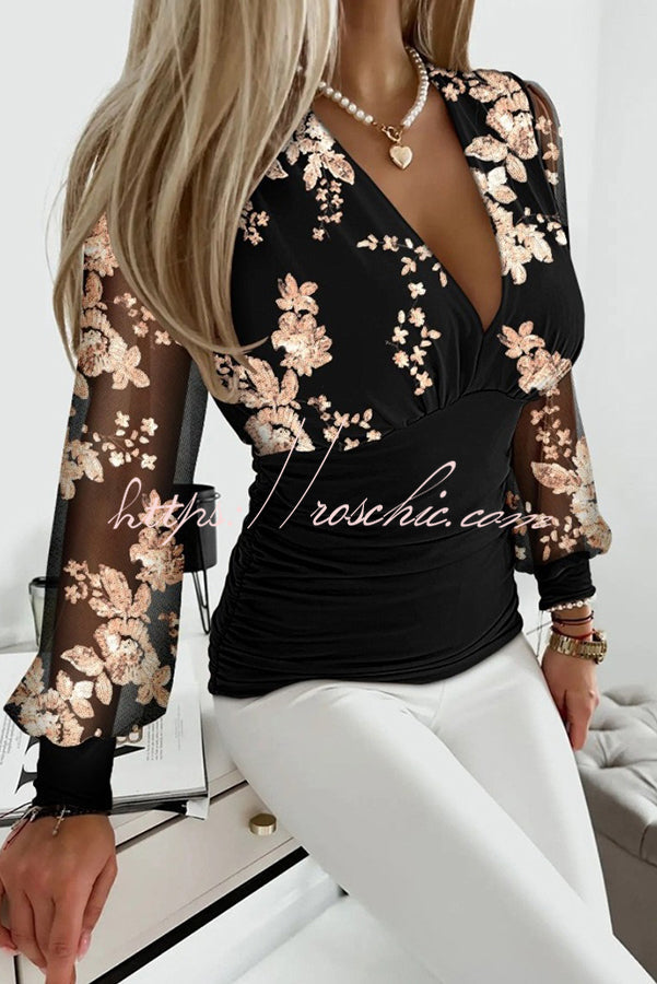 V Neck Floral Embroidered Sheer Mesh Shirt