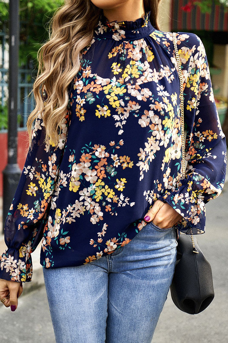 Floral Half Turtleneck Long Sleeve Shirt