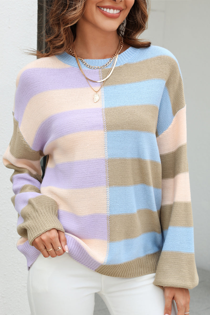 Paneled Striped Color-blocking Round Neck Knitted Pullover Sweater