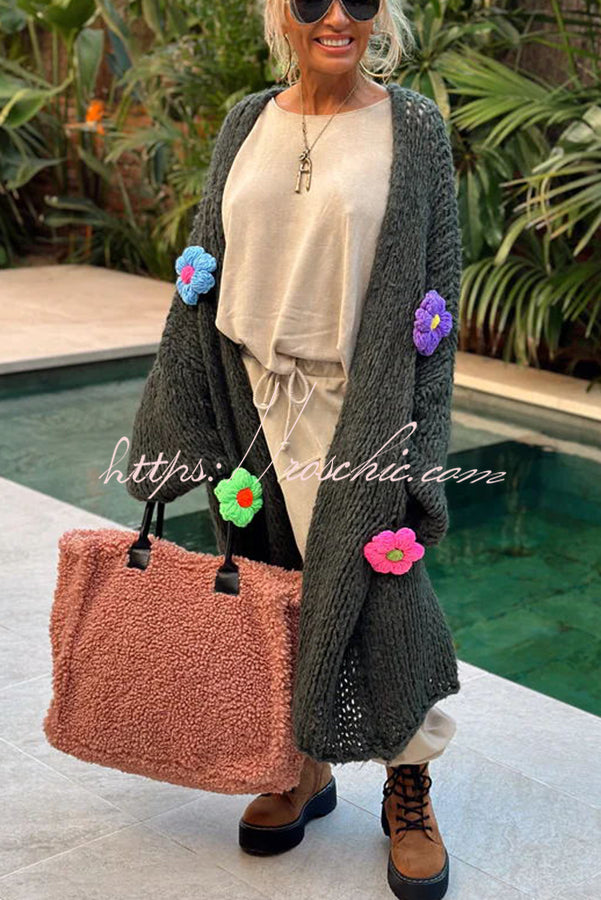 A Different Story Knit Hollow Out Multi Color 3D Flowers Oversized Midi Cardigan