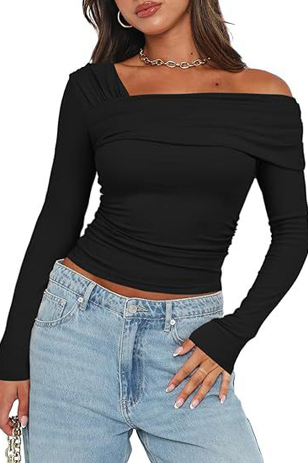 Pleated One Shoulder Pullover Long Sleeved Top