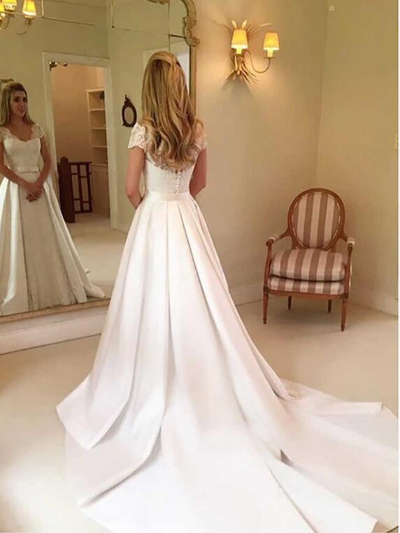 A-Line Satin Brush Train Bridal Gown Long Sleeves