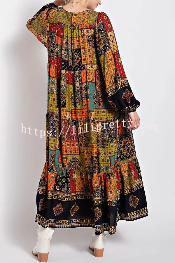 Rosalind Bohemia Ethnic Patchwork Print Long Sleeve A-line Maxi Dress - Fashionpara