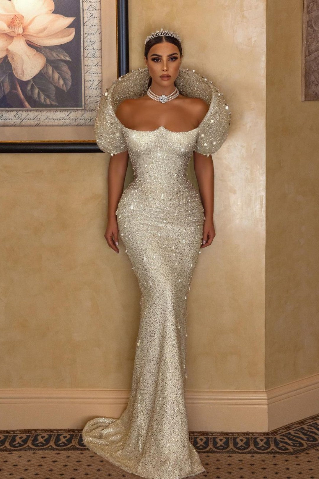 White Long Mermaid Bridal Gown with Sequins, Sleeveless with Beading