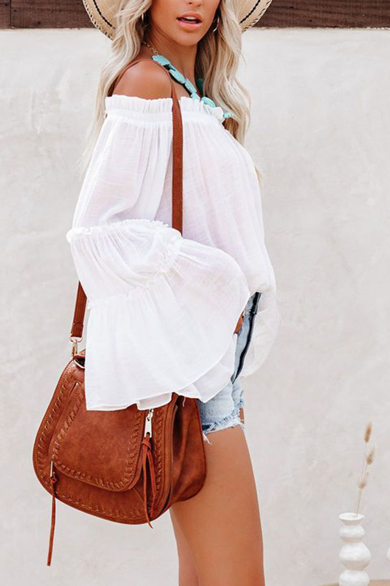 Solid Color Bell Sleeve Off Shoulder Top