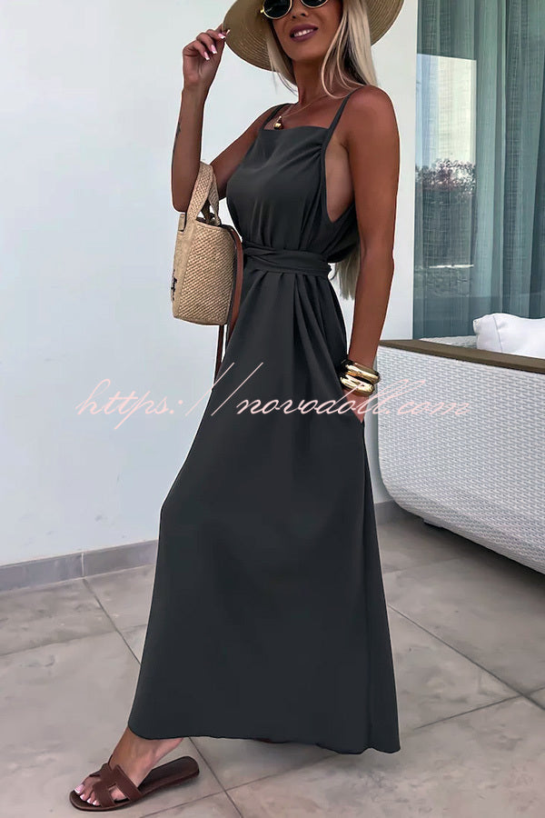 Long Story Solid Color Belted Pocket A-line Breathable Maxi Dress - Fashionpara