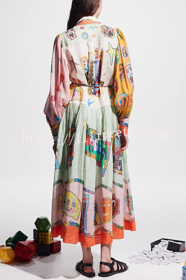 Set for Vacay Unique Print Colorblock Balloon Sleeve Belt Shirt Midi Dress - Fashionpara