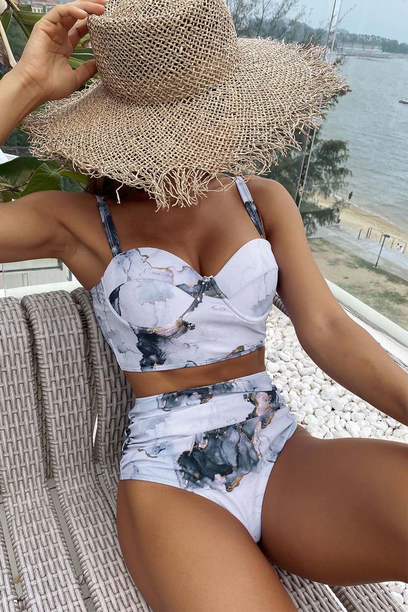 Marble Print Ruched Push Up Two Piece Swimsuit