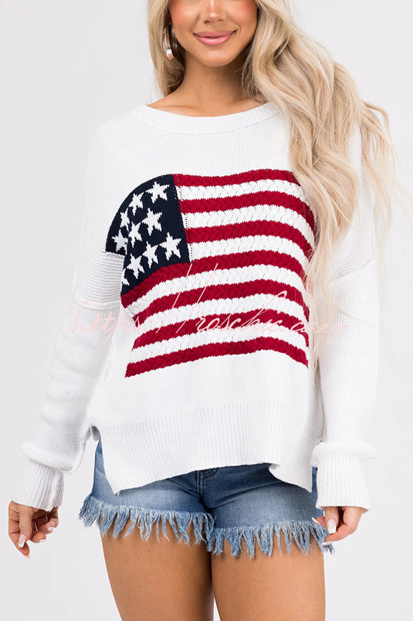 Independence Day Patchwork Long Sleeved Crew Neck Knitted Sweater