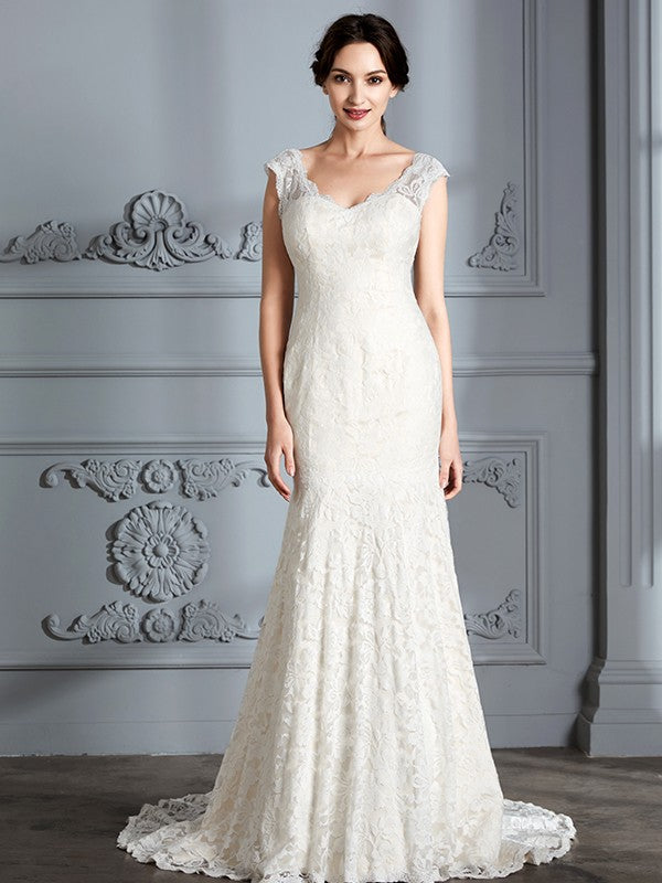 Trumpet/Mermaid Sleeveless V-Neck Lace Sweep/Brush Train Wedding Dresses