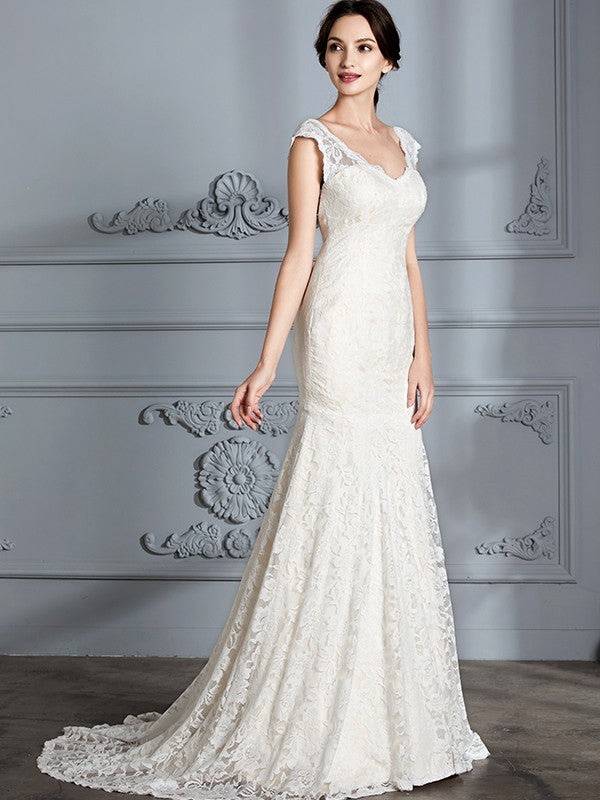 Trumpet/Mermaid Sleeveless V-Neck Lace Sweep/Brush Train Wedding Dresses