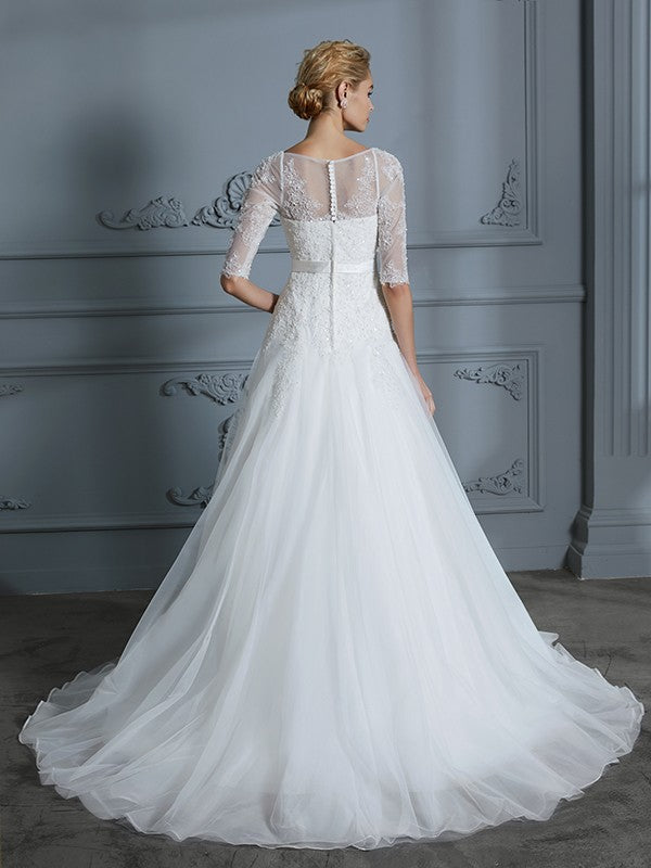 A-Line/Princess 1/2 Sleeves Scoop Lace Court Train Tulle Wedding Dresses