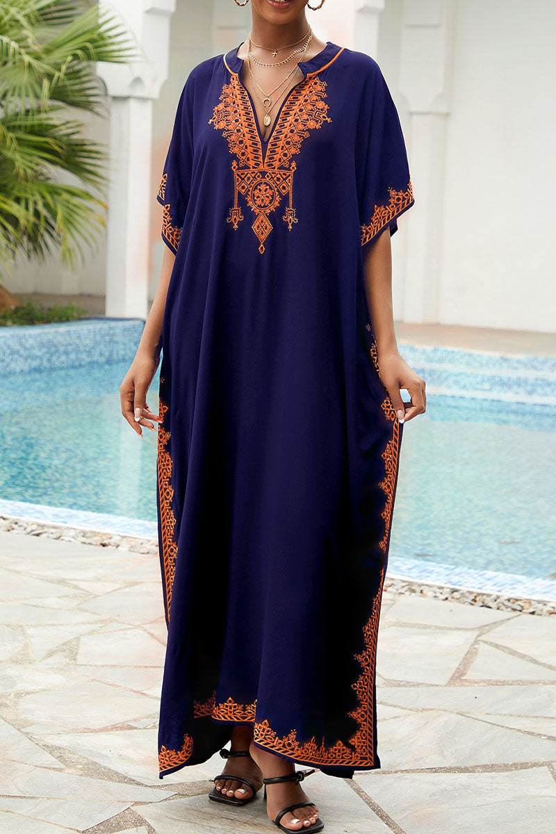 Beach Vacation Embroidered Stand Collar Cover Up Dress