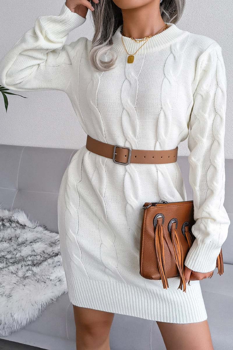 Solid Cable-knit Round Neck Sweater Dress