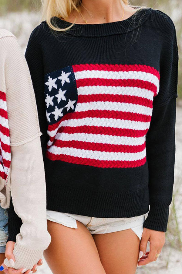 Independence Day Patchwork Long Sleeved Crew Neck Knitted Sweater