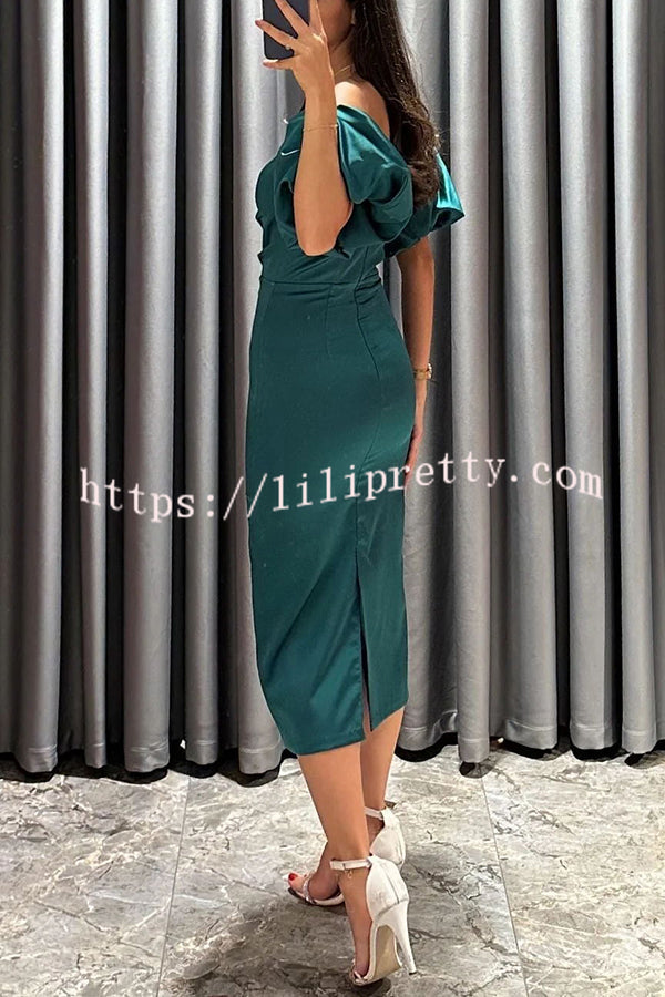 Talk Sweetly Satin Puff Sleeve Ruched Bust Formal Midi Dress - Fashionpara