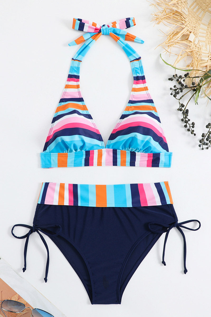 Striped V Neck Halter lace-up Swimsuit