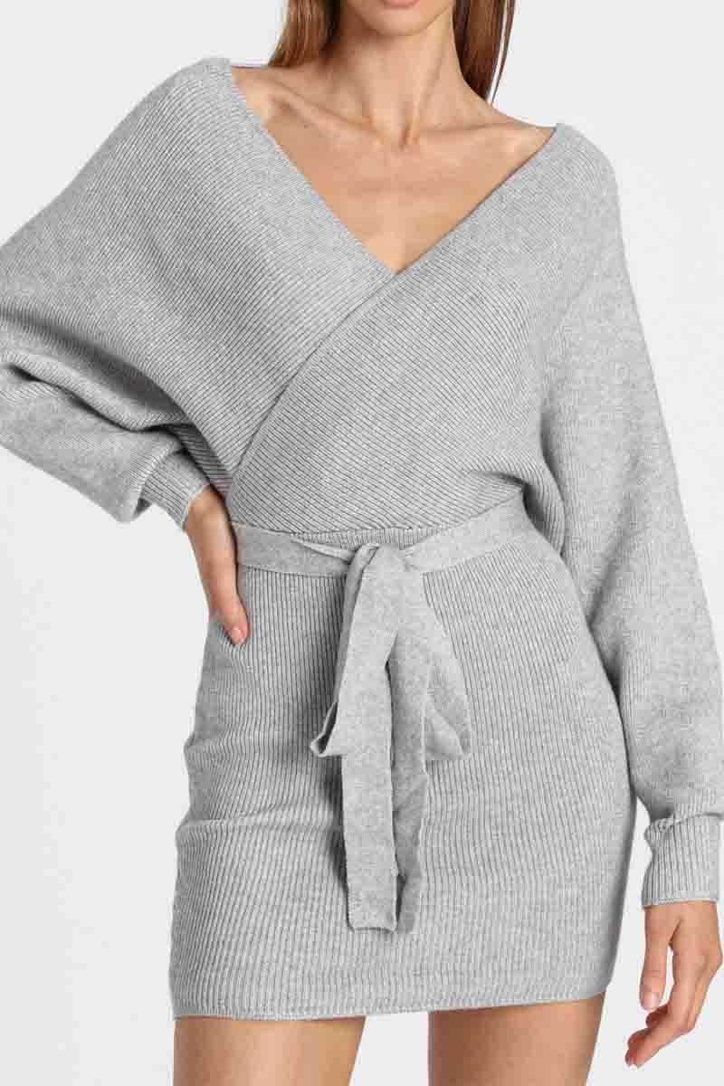 V Neck Knit Sweater Dress（3 Colors）