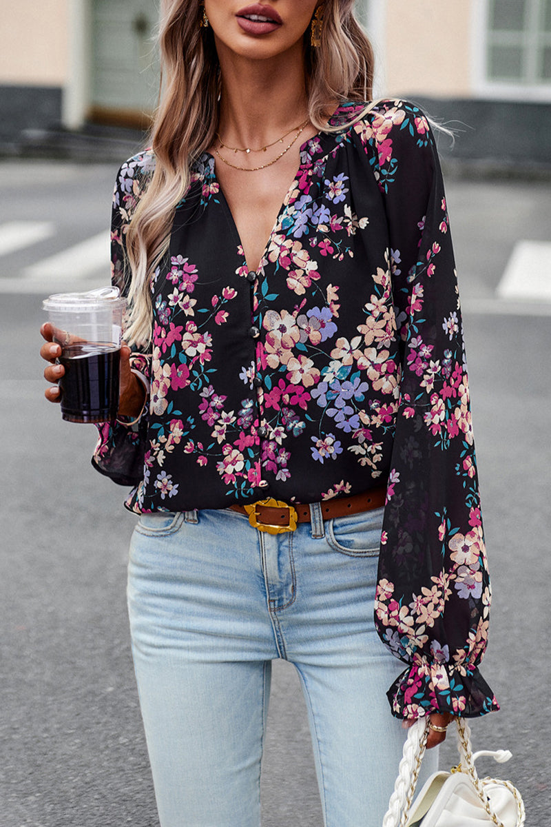 V-neck Floral Chiffon Shirt