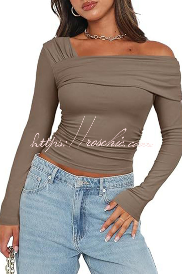 Pleated One Shoulder Pullover Long Sleeved Top