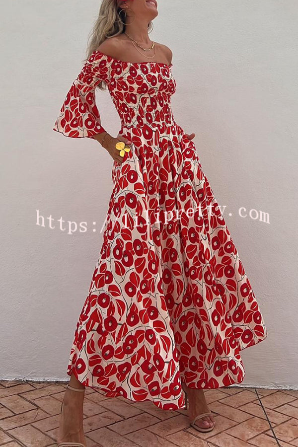 Close To The Vacation Floral Print Smocked Off Shoulder Pocketed Maxi Dress - Fashionpara