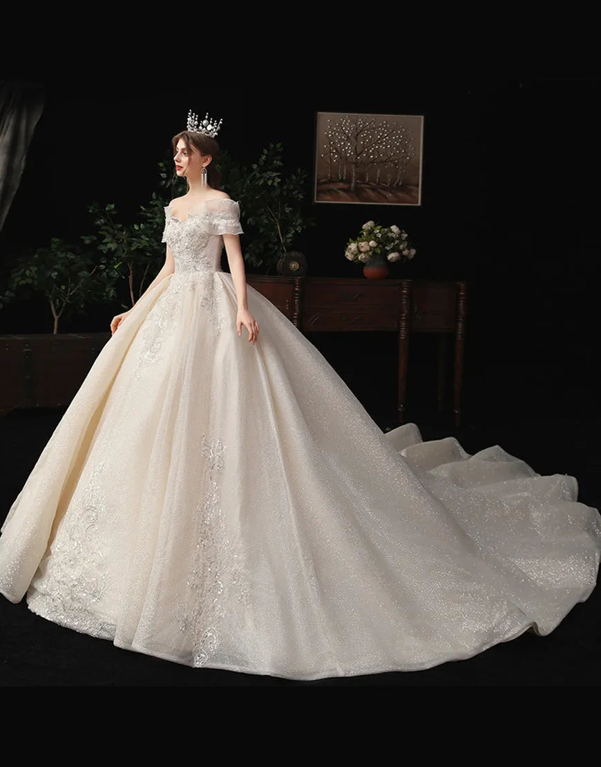 A-Line Off-the-Shoulder Wedding Dress with Sequins and Beading