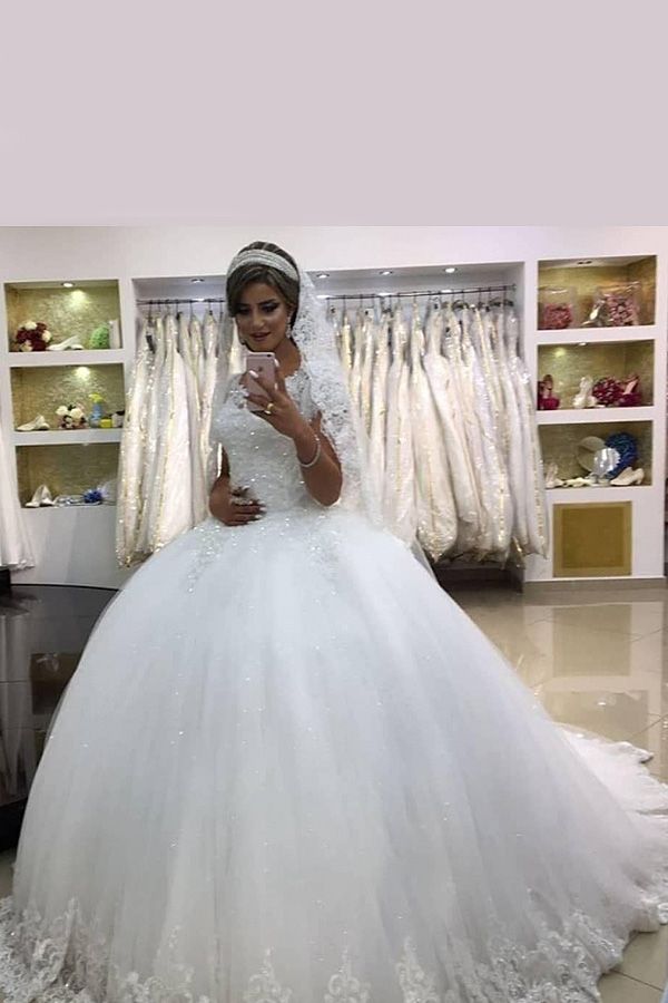 White Short Sleeve Ball Gown Bridal Gown with Lace