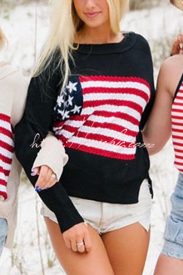 Independence Day Patchwork Long Sleeved Crew Neck Knitted Sweater